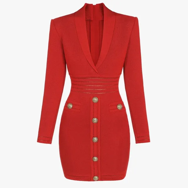 V Neck Temperament Lion Buckle Suit Lapel Knitted Hip Dress
