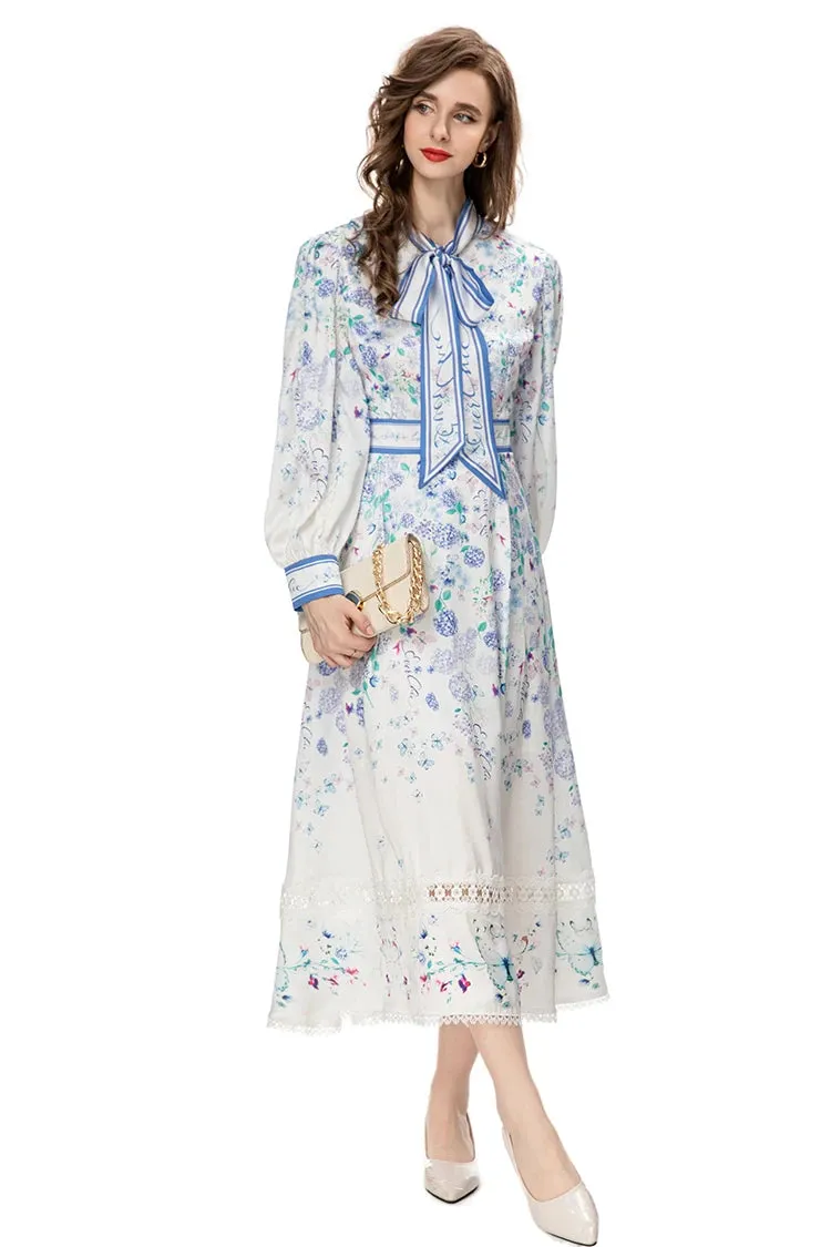 Veda Lantern Sleeve Frenulum High Waist Lace Spliced Slim Long Dress