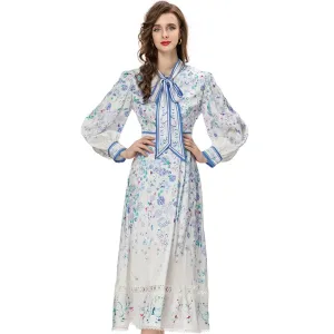 Veda Lantern Sleeve Frenulum High Waist Lace Spliced Slim Long Dress
