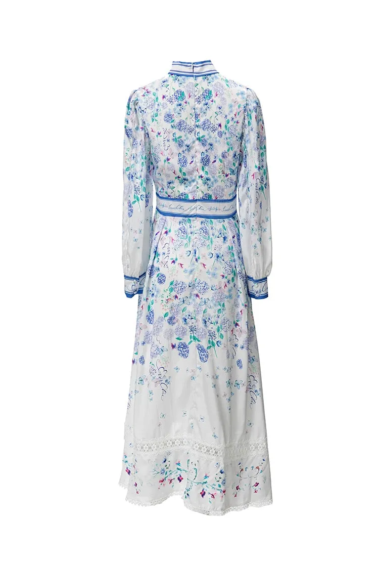 Veda Lantern Sleeve Frenulum High Waist Lace Spliced Slim Long Dress