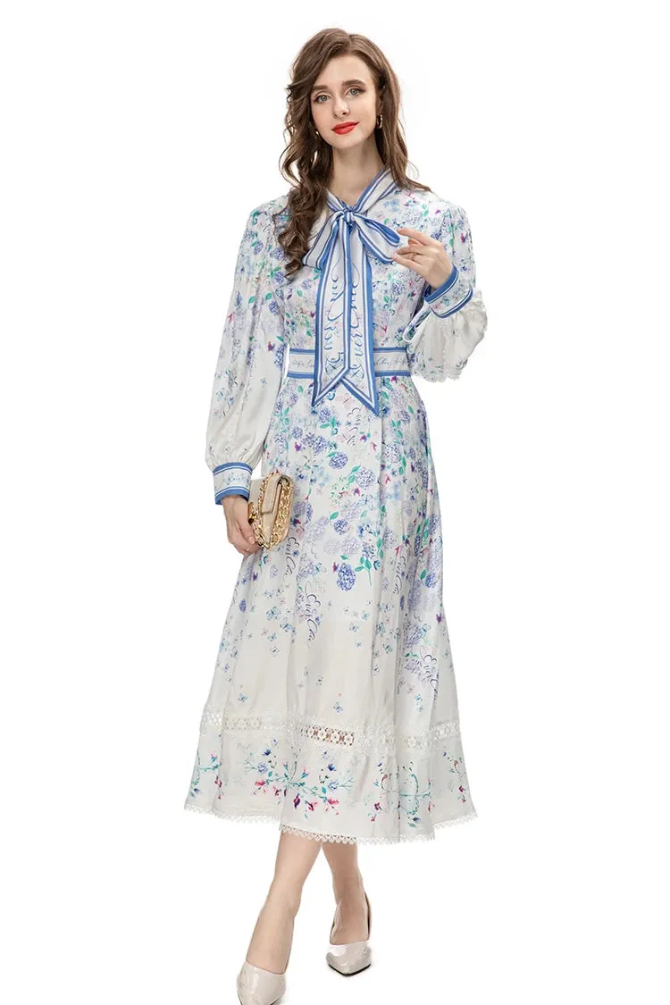 Veda Lantern Sleeve Frenulum High Waist Lace Spliced Slim Long Dress