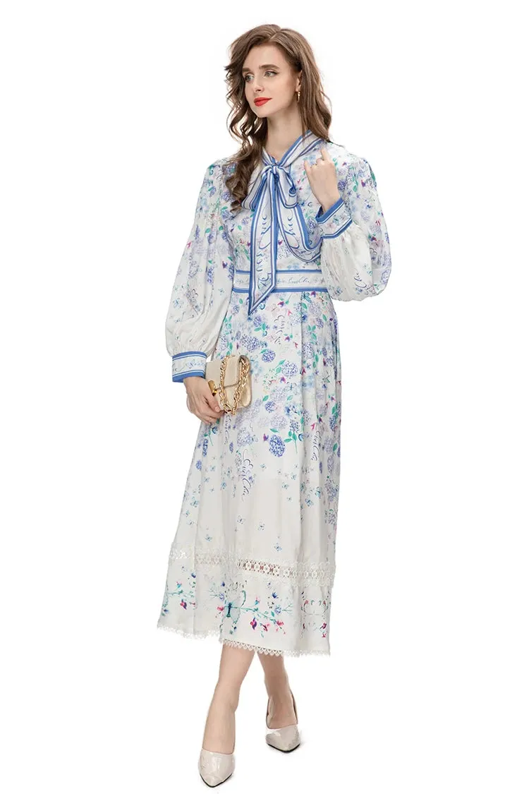 Veda Lantern Sleeve Frenulum High Waist Lace Spliced Slim Long Dress