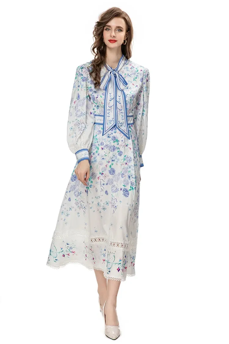 Veda Lantern Sleeve Frenulum High Waist Lace Spliced Slim Long Dress