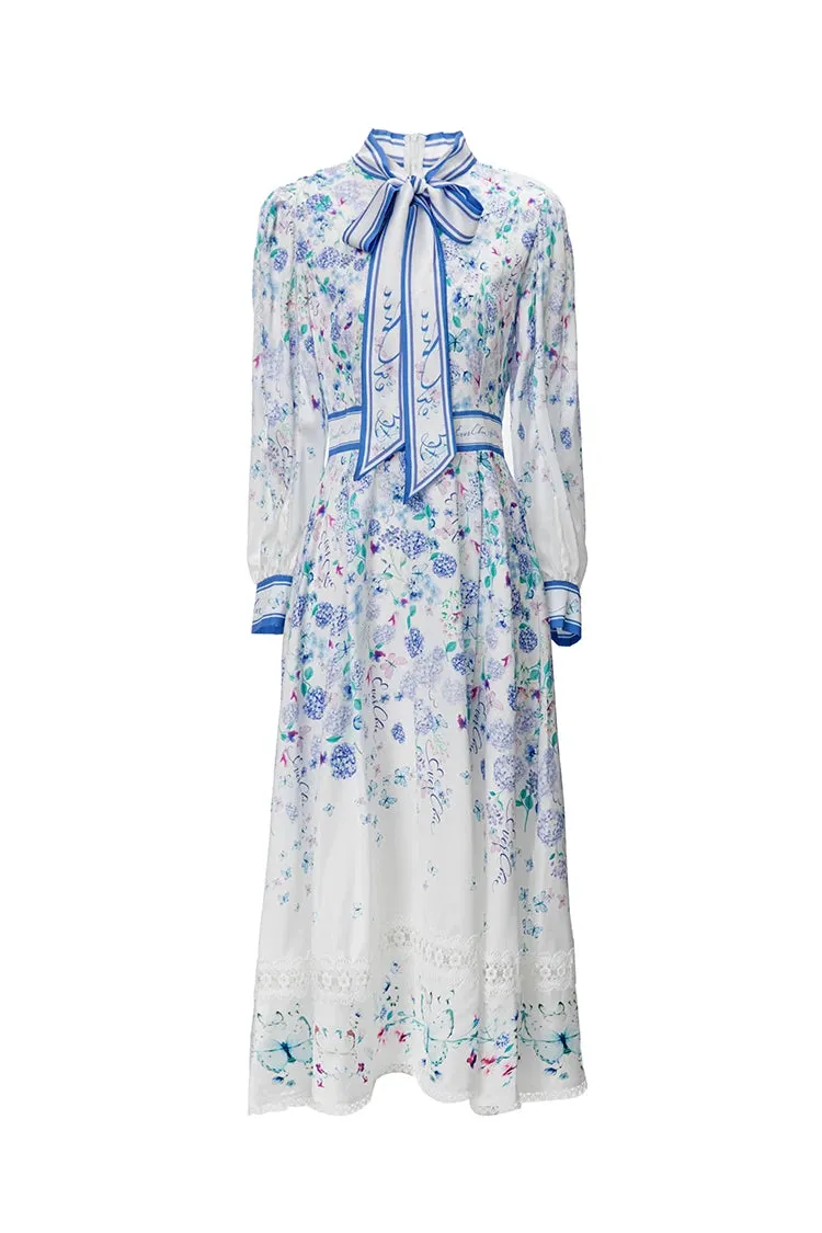 Veda Lantern Sleeve Frenulum High Waist Lace Spliced Slim Long Dress