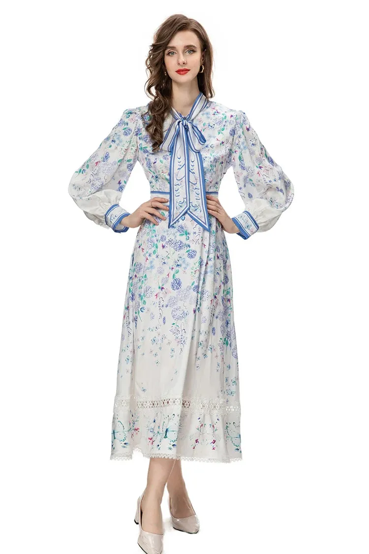 Veda Lantern Sleeve Frenulum High Waist Lace Spliced Slim Long Dress