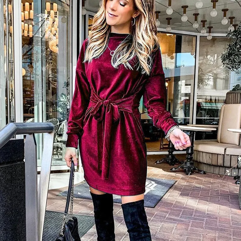 Velvet Casual Round Neck Bodycon Party Mini Dresses
