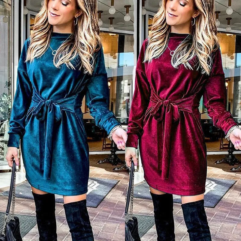 Velvet Casual Round Neck Bodycon Party Mini Dresses