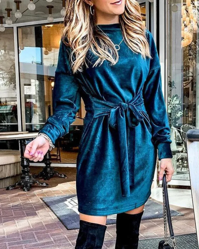 Velvet Casual Round Neck Bodycon Party Mini Dresses