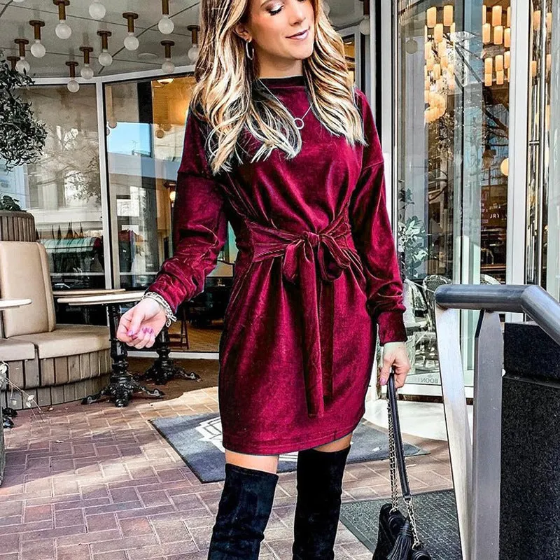Velvet Casual Round Neck Bodycon Party Mini Dresses