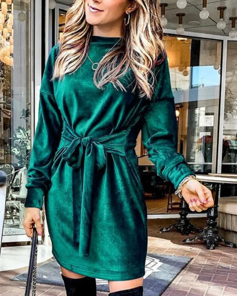 Velvet Casual Round Neck Bodycon Party Mini Dresses