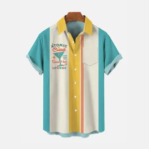 Vintage Contrast Stripe Martini Glass Print Chest Pocket Short Sleeve Shirt