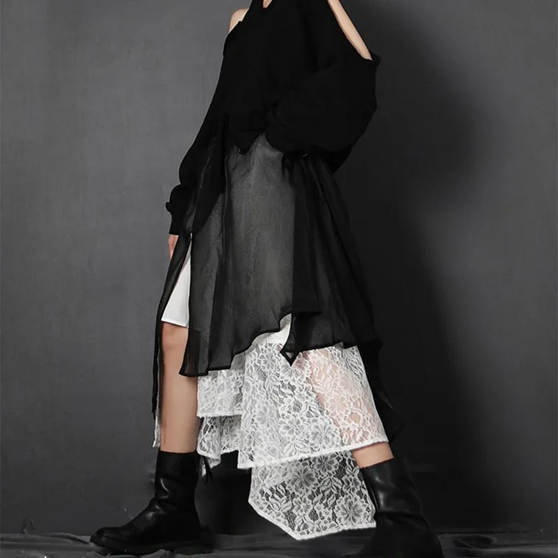 Vintage Patchwork Lace Skirt For Women High Waist