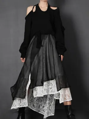 Vintage Patchwork Lace Skirt For Women High Waist