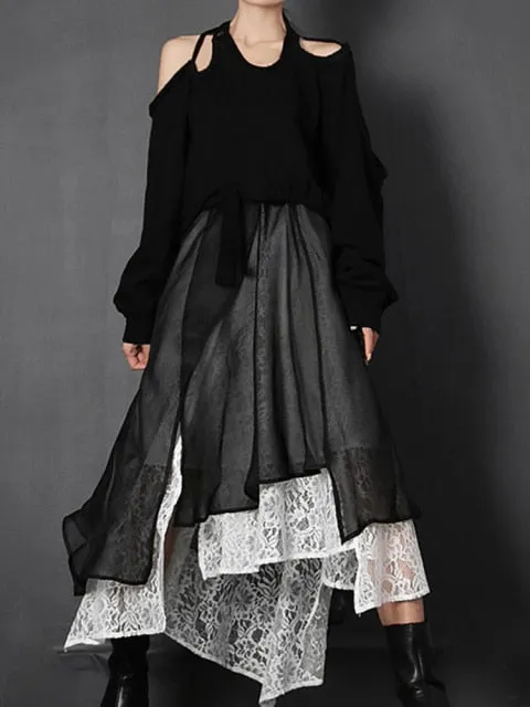 Vintage Patchwork Lace Skirt For Women High Waist