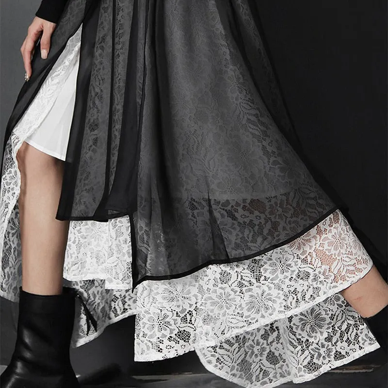 Vintage Patchwork Lace Skirt For Women High Waist