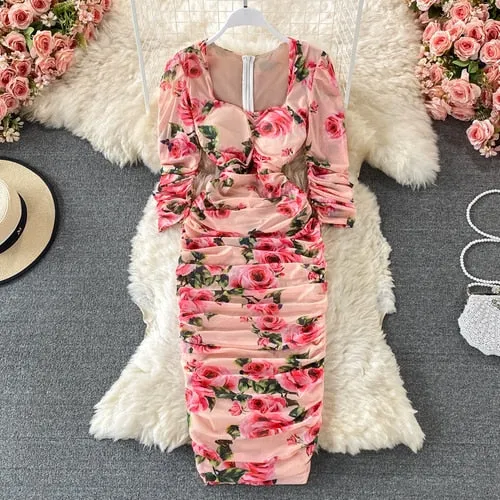 Vintage Women Pleated Long Dress Flower Printed Square Collar High Waist