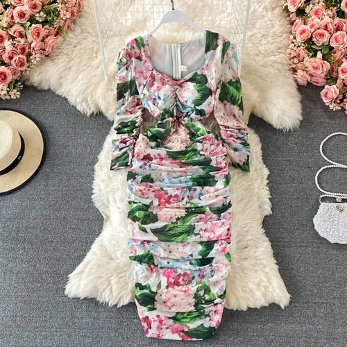 Vintage Women Pleated Long Dress Flower Printed Square Collar High Waist