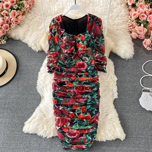 Vintage Women Pleated Long Dress Flower Printed Square Collar High Waist