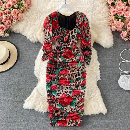 Vintage Women Pleated Long Dress Flower Printed Square Collar High Waist