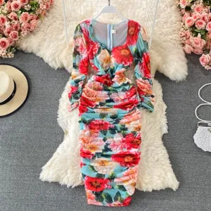 Vintage Women Pleated Long Dress Flower Printed Square Collar High Waist