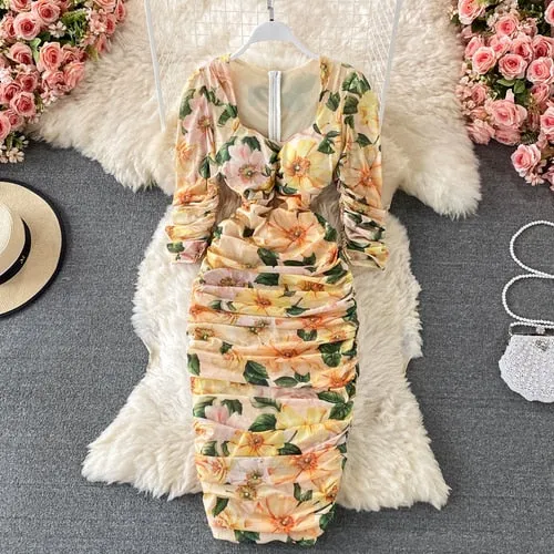 Vintage Women Pleated Long Dress Flower Printed Square Collar High Waist