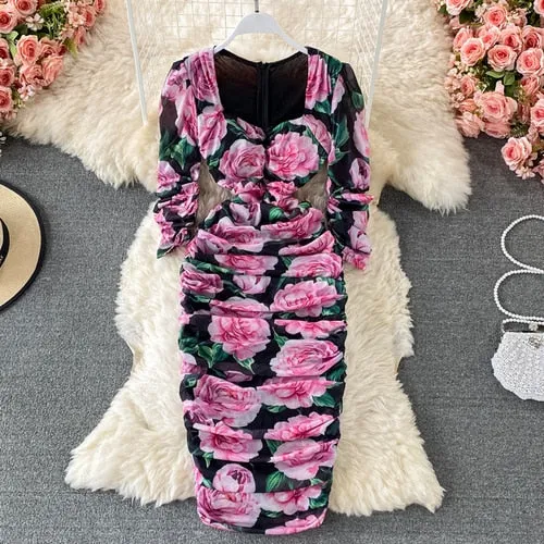 Vintage Women Pleated Long Dress Flower Printed Square Collar High Waist