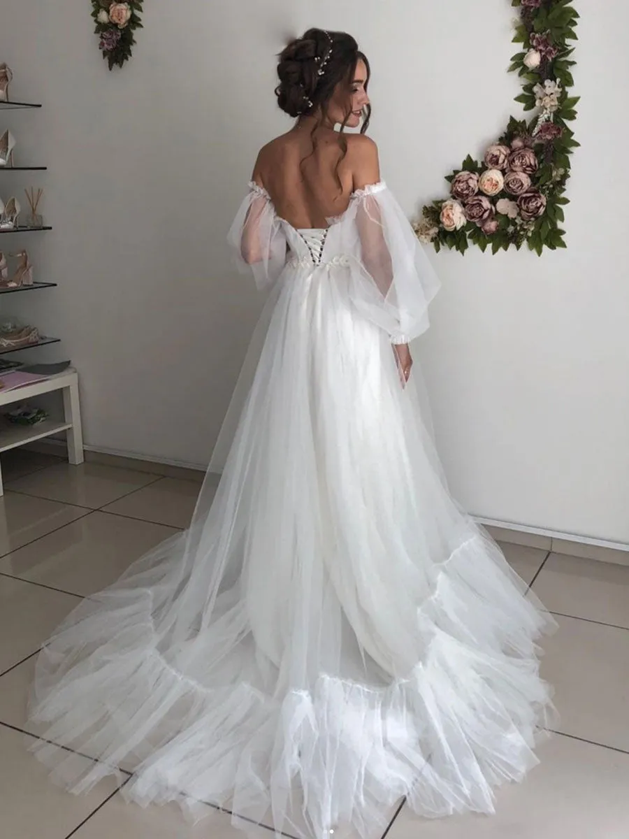 White A line long prom dress, white tulle long formal dress