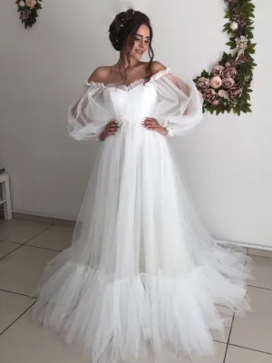 White A line long prom dress, white tulle long formal dress