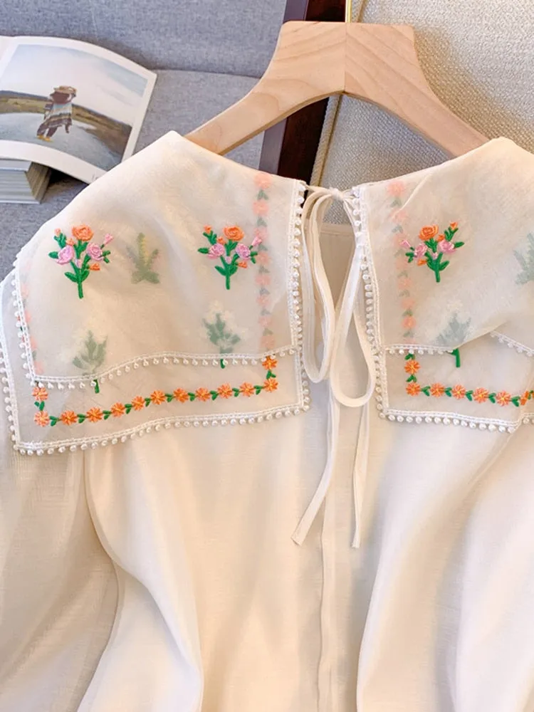 White Embroidered Half-Sleeve Dress Pete Pan Collar Mesh Fabric Floral Chic Loose Dress