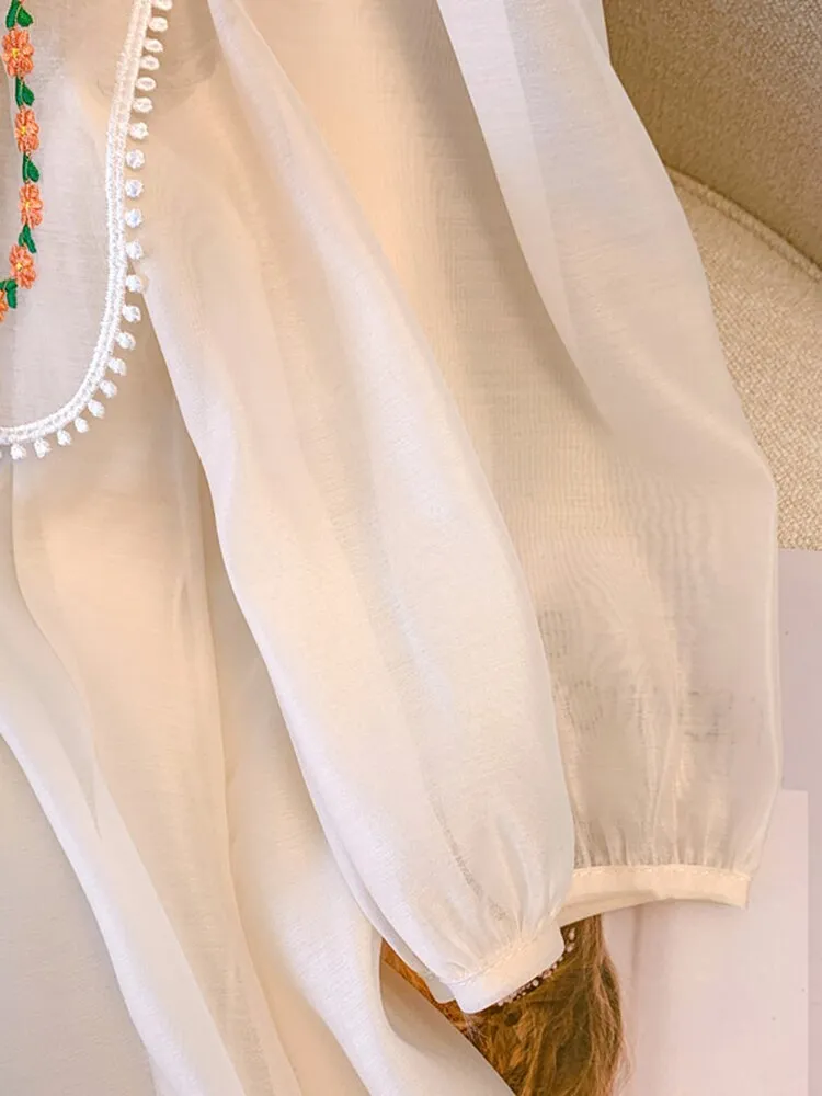 White Embroidered Half-Sleeve Dress Pete Pan Collar Mesh Fabric Floral Chic Loose Dress