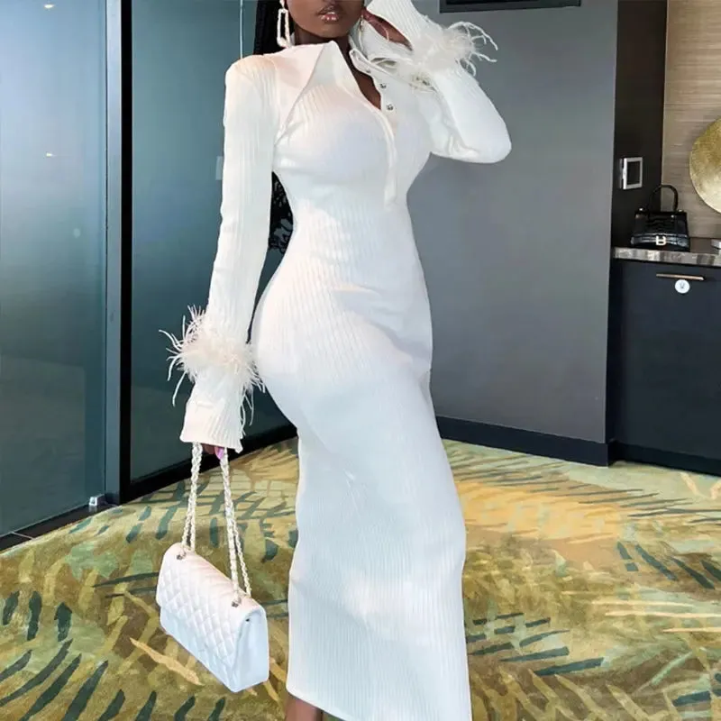 White Feather Cuffed Knitted Bodycon Dress