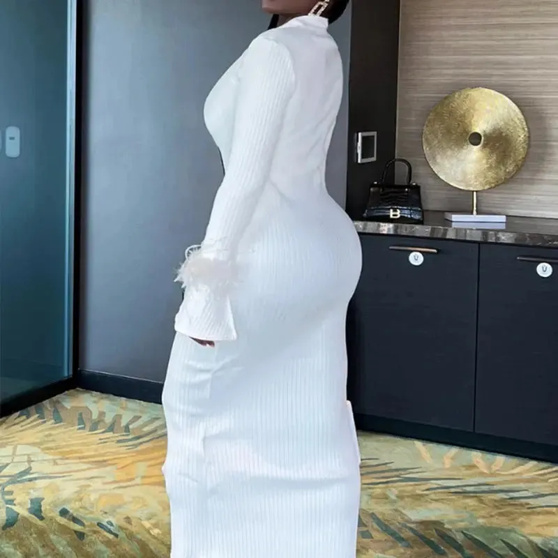White Feather Cuffed Knitted Bodycon Dress