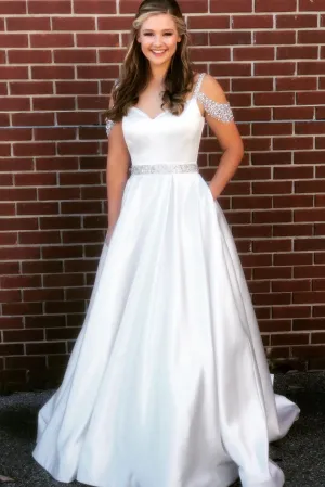 White v neck satin sequin beads long prom dress white evening dress