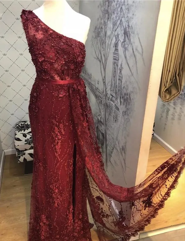 Wine Red Handmade Flowers Pearls Evening Dresses One-Shoulder Sexy Luxury Evening Gowns
