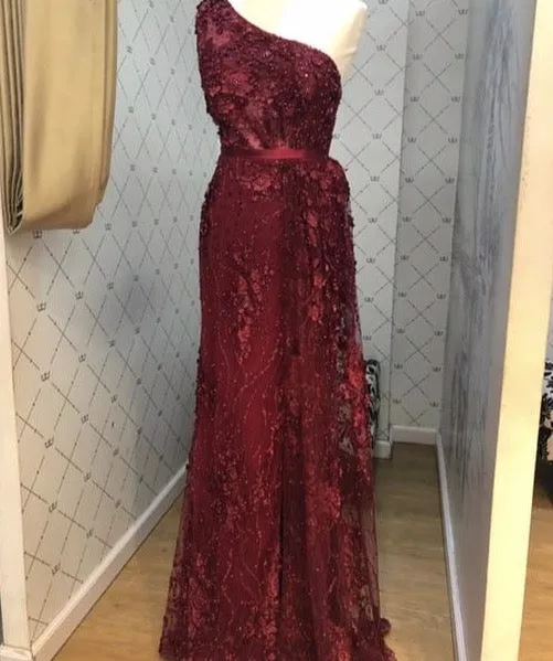 Wine Red Handmade Flowers Pearls Evening Dresses One-Shoulder Sexy Luxury Evening Gowns