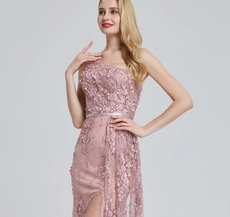 Wine Red Handmade Flowers Pearls Evening Dresses One-Shoulder Sexy Luxury Evening Gowns