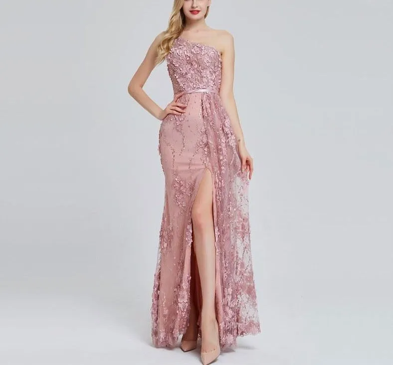 Wine Red Handmade Flowers Pearls Evening Dresses One-Shoulder Sexy Luxury Evening Gowns