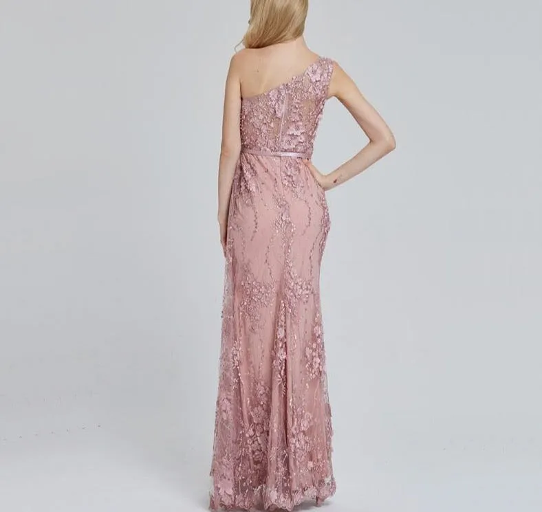 Wine Red Handmade Flowers Pearls Evening Dresses One-Shoulder Sexy Luxury Evening Gowns