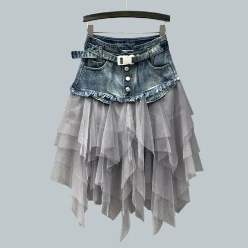 Women Denim Mesh Splice Skirt High Waist Asymmetric Frill Tulle Gothic skirt