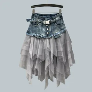 Women Denim Mesh Splice Skirt High Waist Asymmetric Frill Tulle Gothic skirt