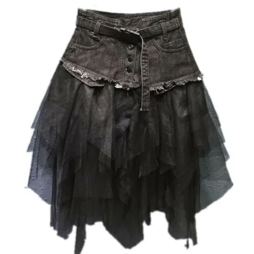 Women Denim Mesh Splice Skirt High Waist Asymmetric Frill Tulle Gothic skirt