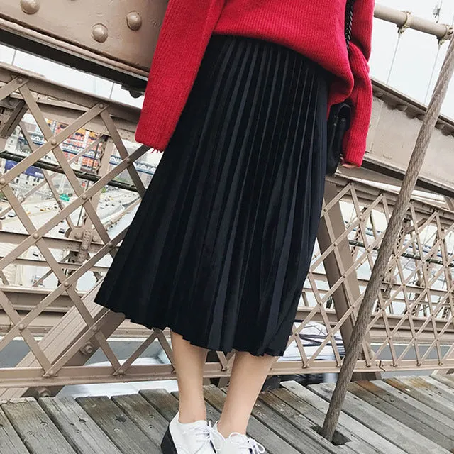 Women Long Metallic Silver Maxi Pleated Skirt