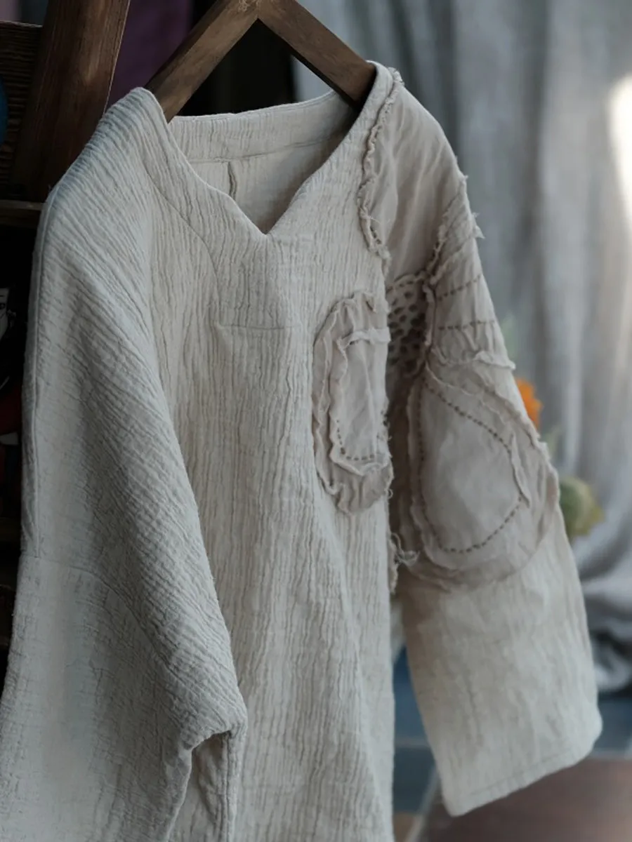 Women Retro Flower Patch Spliced O-Neck Linen Cotton Shirt