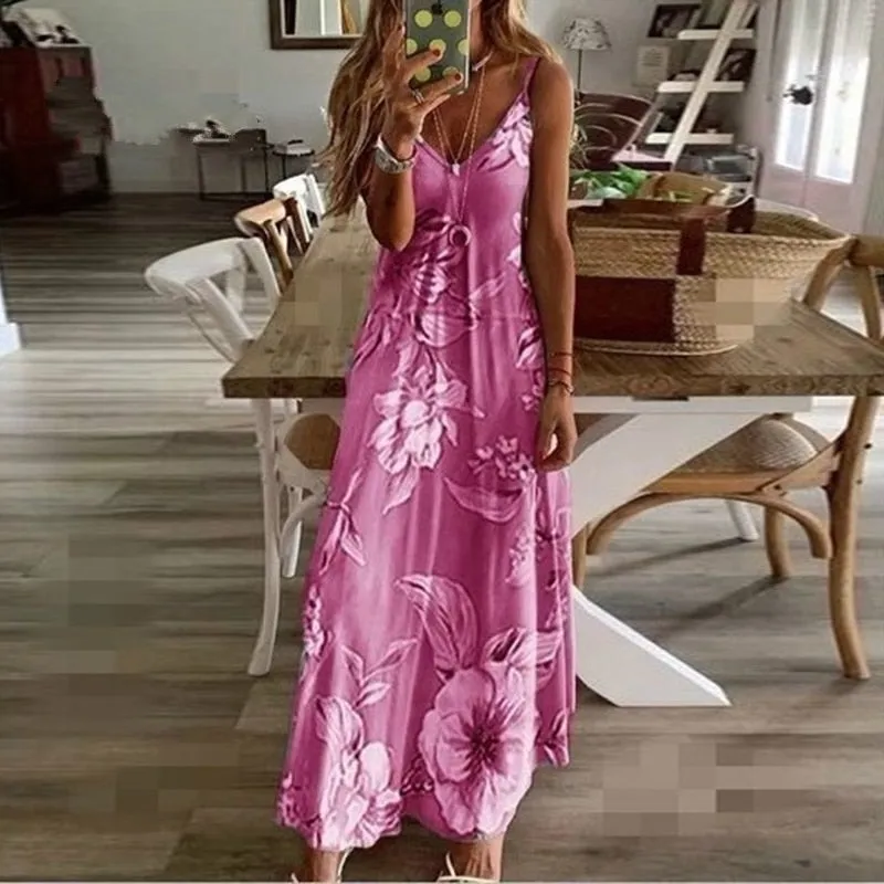 Women Spaghetti Strap Dress Summer Fashion Floral  Boho Womens Dresses
