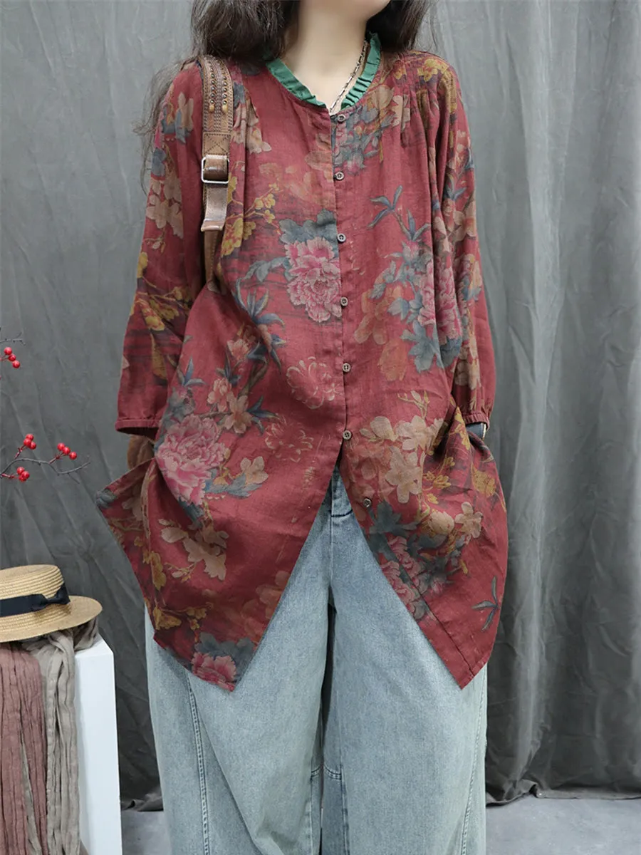 Women Spring Vintage Flower Lace Collar 100%Linen Shirt