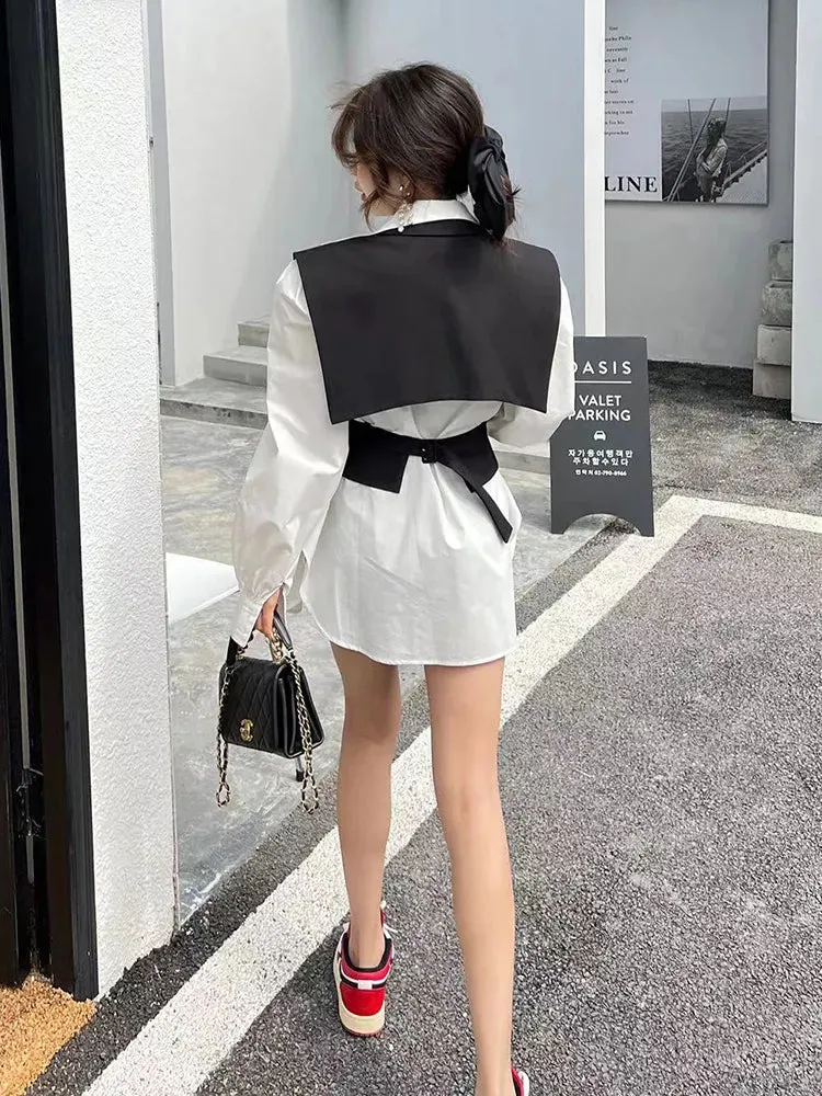 Women's Contrast Color Fashion Blazer Dresses Long Sleeve High Waist Fake 2-Piece Dress New Boutique Trend