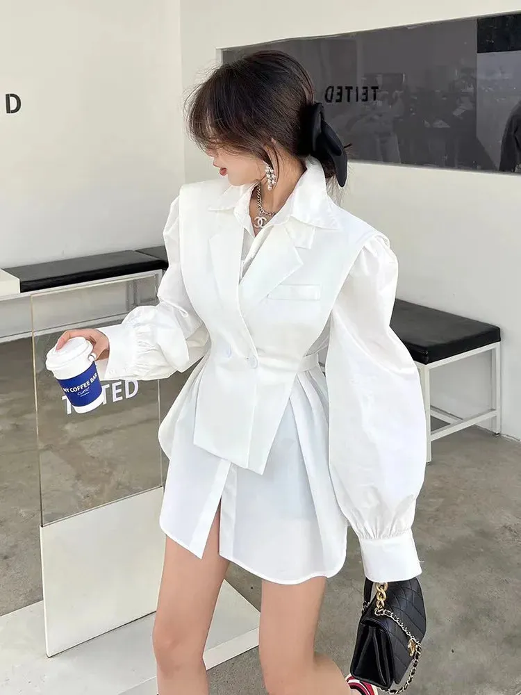 Women's Contrast Color Fashion Blazer Dresses Long Sleeve High Waist Fake 2-Piece Dress New Boutique Trend