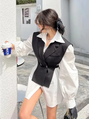 Women's Contrast Color Fashion Blazer Dresses Long Sleeve High Waist Fake 2-Piece Dress New Boutique Trend
