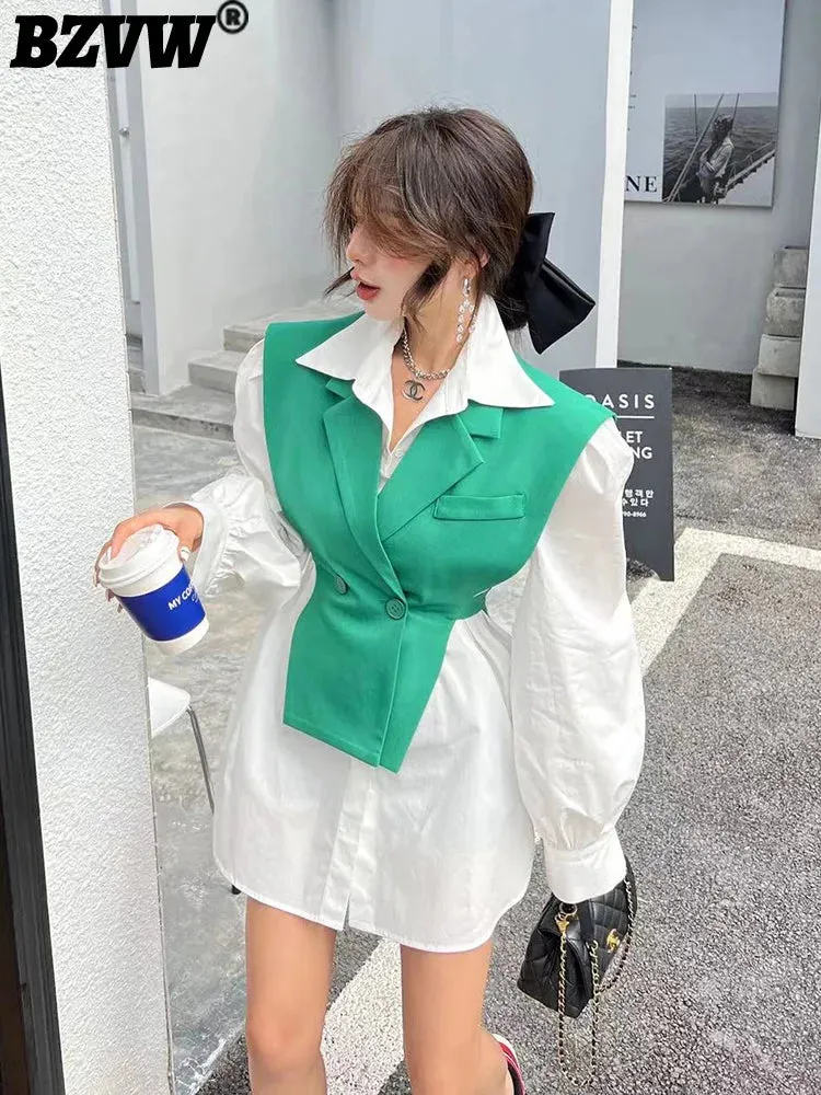 Women's Contrast Color Fashion Blazer Dresses Long Sleeve High Waist Fake 2-Piece Dress New Boutique Trend
