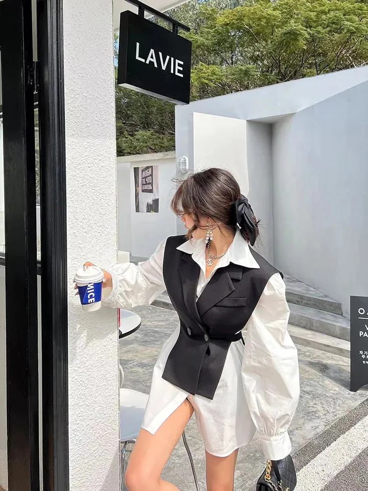 Women's Contrast Color Fashion Blazer Dresses Long Sleeve High Waist Fake 2-Piece Dress New Boutique Trend